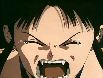 A six-panel anime sequence shows a character's face progressively transforming from an angry, fanged expression into a…