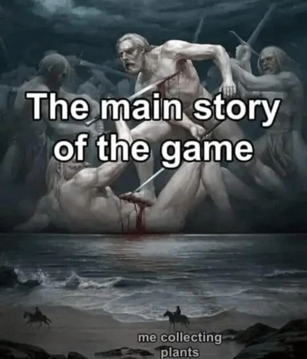 A dark, dramatic painting depicts a large, muscular man being stabbed by multiple figures while bleeding into the sea. In…