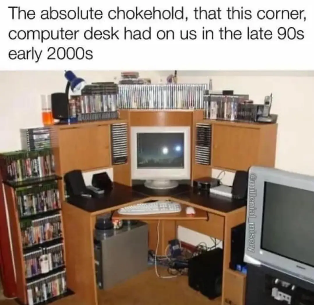 An image of a cluttered corner computer desk from the late 90s or early 2000s, featuring a CRT monitor, keyboard, mouse, and…