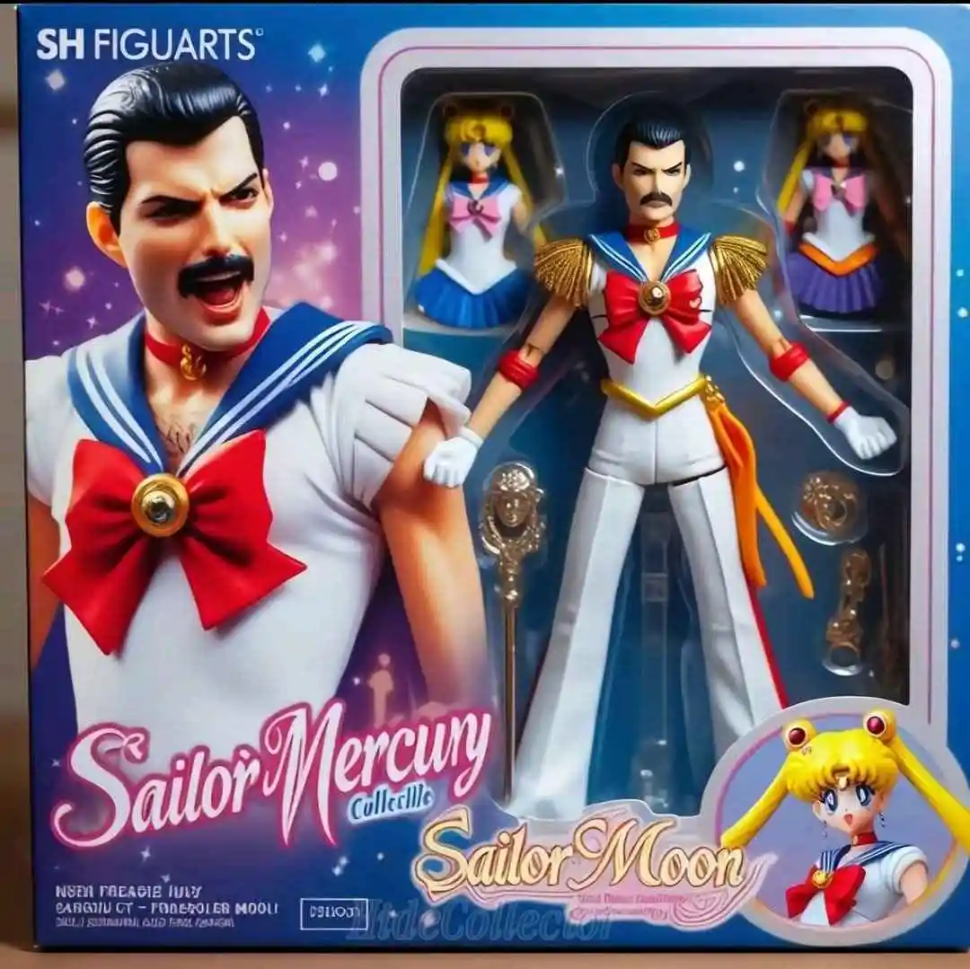 A product box for an 'SH FIGUARTS' collectible action figure of Freddie Mercury dressed as Sailor Mercury from Sailor Moon…