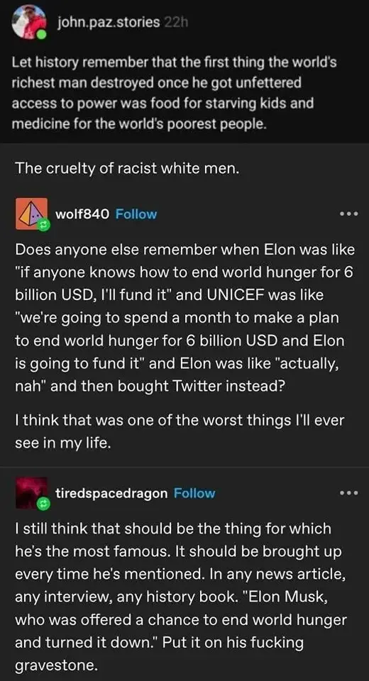 A screenshot of a social media thread where users discuss Elon Musk declining a $6 billion offer to end world hunger…
