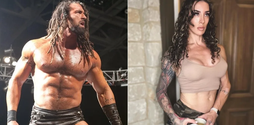 The image is a side-by-side split: on the left, a shirtless, muscular man with dreadlocks (wrestler CM Punk) in a wrestling…
