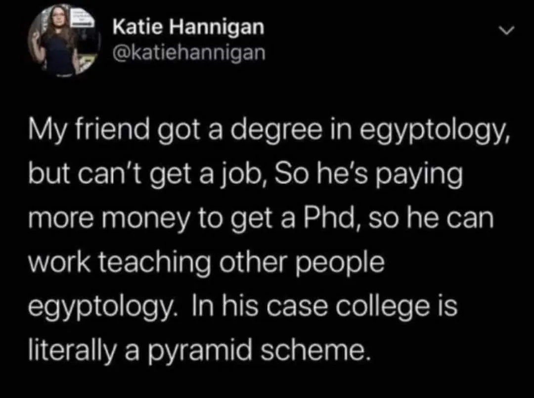 A screenshot of a tweet by Katie Hannigan (@katiehannigan) with white text on a black background. The tweet humorously…