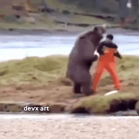 A six-panel grid shows a person in bright orange pants and a dark top dancing or fighting with a large brown bear near a…