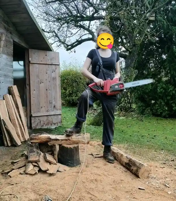 A person wearing overalls and boots stands outdoors on a log, holding a red chainsaw with 'OREGON' written on the blade…