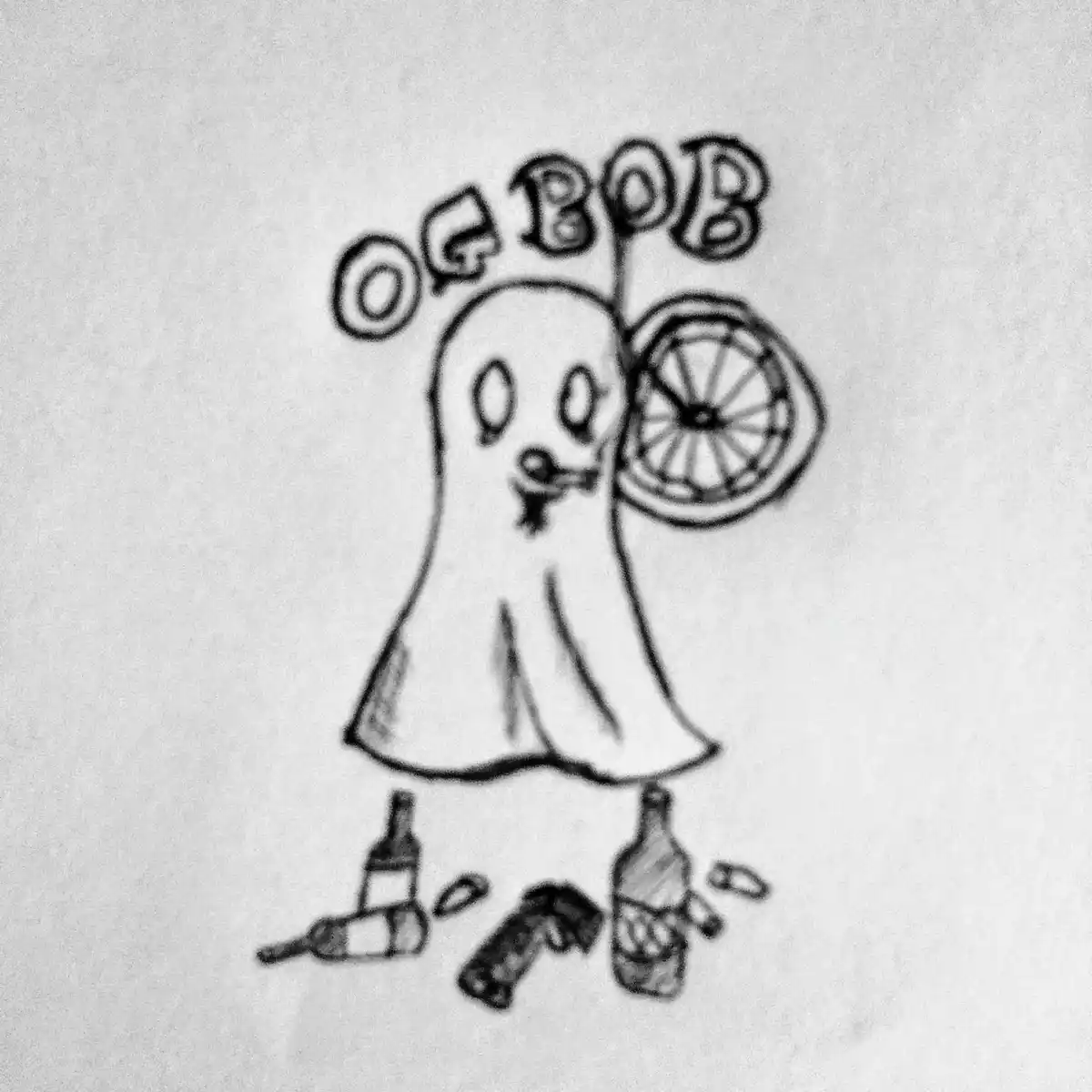 A hand-drawn black and white sketch shows a cartoon ghost with a crown that reads 'OG BOB', holding a bicycle wheel, and…