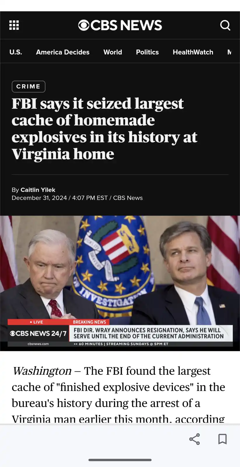 A screenshot of a CBS News article about the FBI seizing a large cache of homemade explosives in Virginia, overlaid with a…