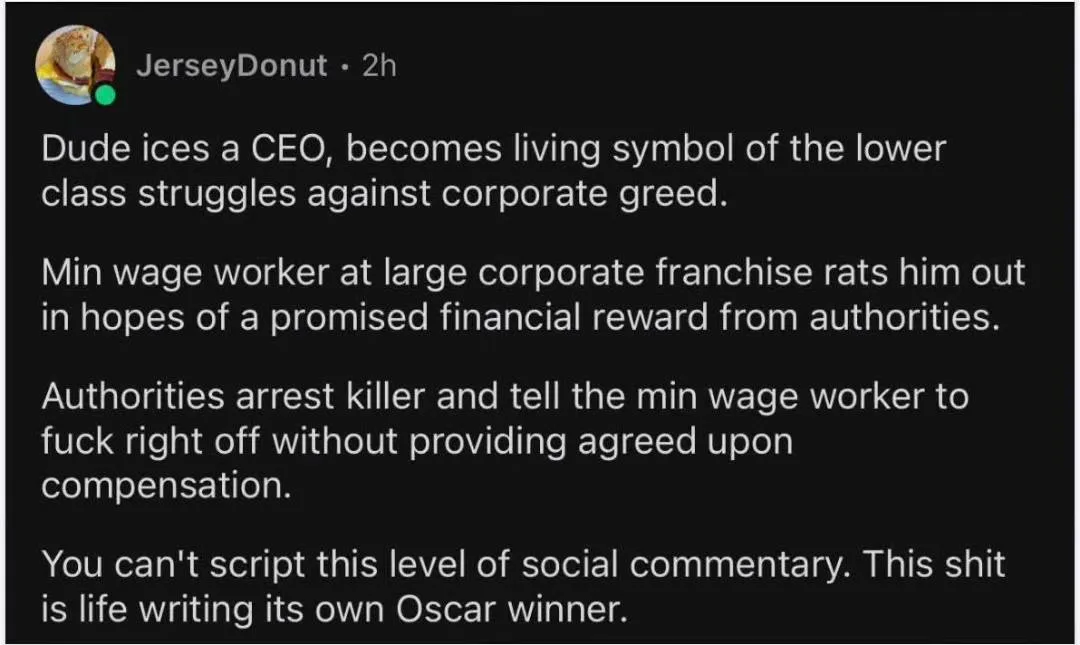 A screenshot of a social media post by 'JerseyDonut' with white text on a black background. The post narrates a fictional…