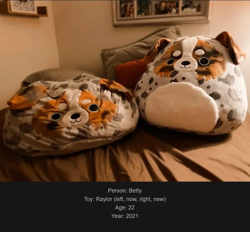 Two large, plush dog-shaped bean bags sit side-by-side on a bed, one smaller on the left and one larger on the right, both…