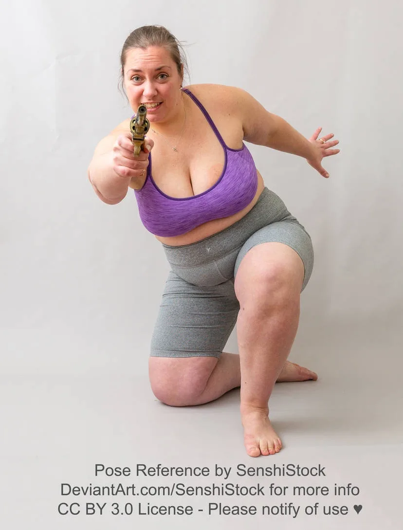 A woman in a purple sports bra and grey shorts kneels on one knee, pointing a small antique-style pistol directly at the…