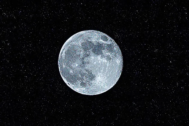 A high-resolution image of the full moon against a starry black sky, with the overlaid text 'i'm not a fan of the moon' in a…