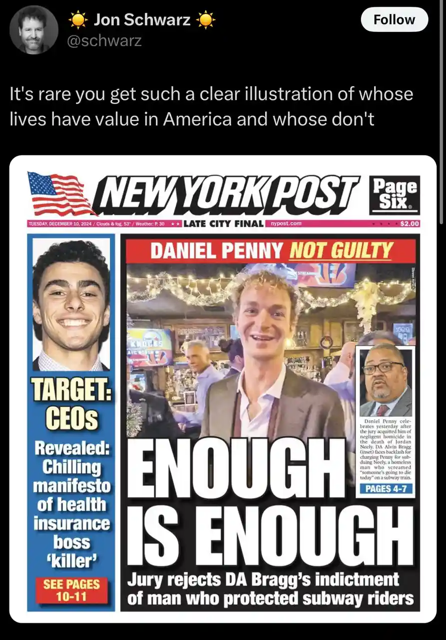 A digitally altered New York Post front page shows Daniel Penny celebrating his 'not guilty' verdict for killing Jordan…