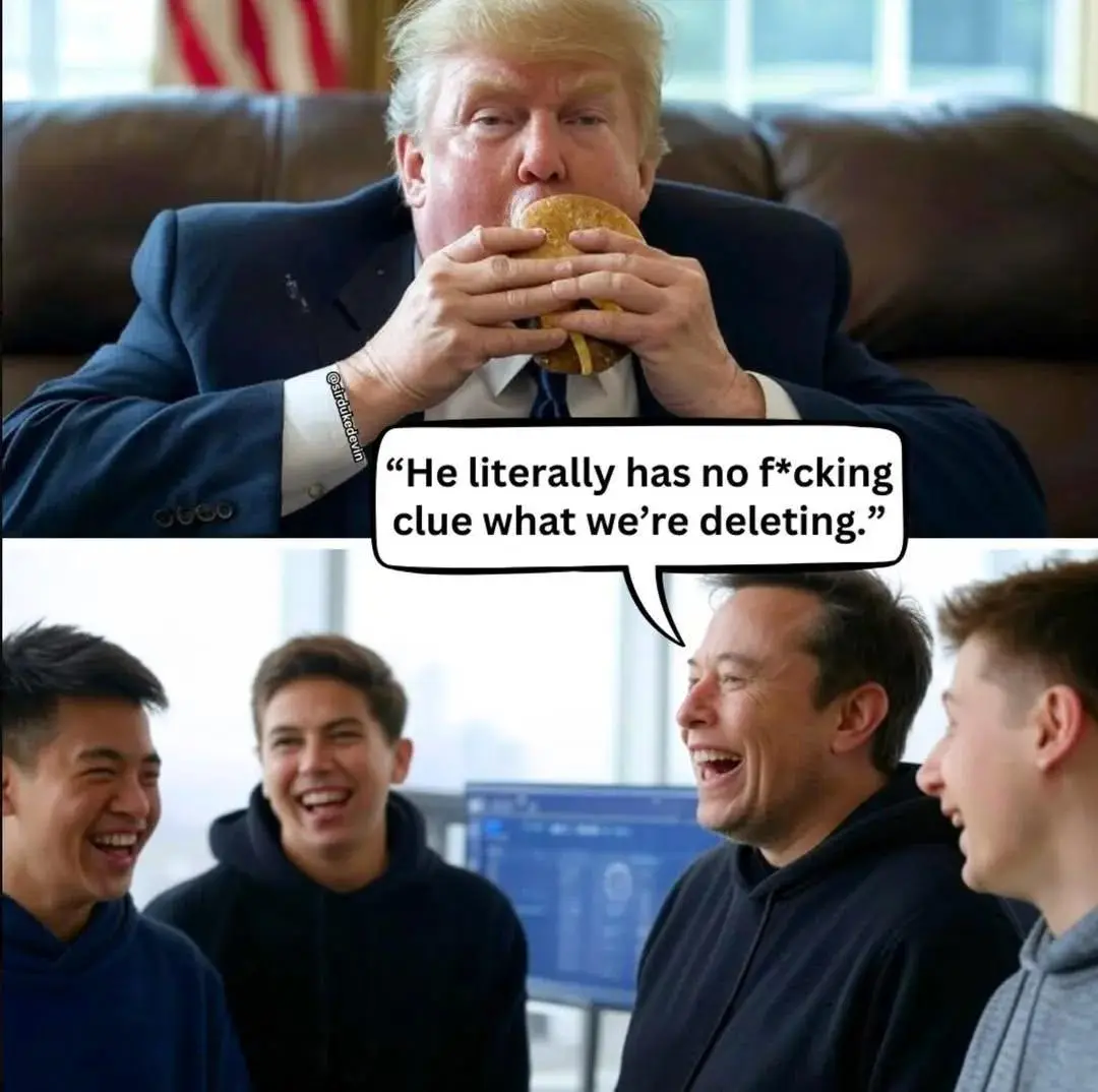 The top panel shows Donald Trump in a suit, sitting on a couch and eating a burger with both hands, looking focused. The…