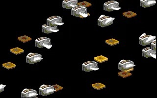 A black background displays numerous identical white and brown pixelated objects arranged in a scattered pattern. The…