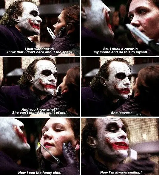 A six-panel comic strip from The Dark Knight showing the Joker (Heath Ledger) holding a razor to a woman's face, then…