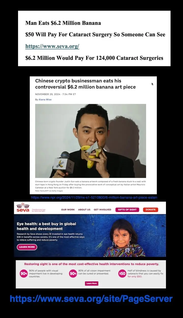 The image is a collage showing a news article about Chinese crypto businessman Justin Sun eating a $6.2 million banana art…