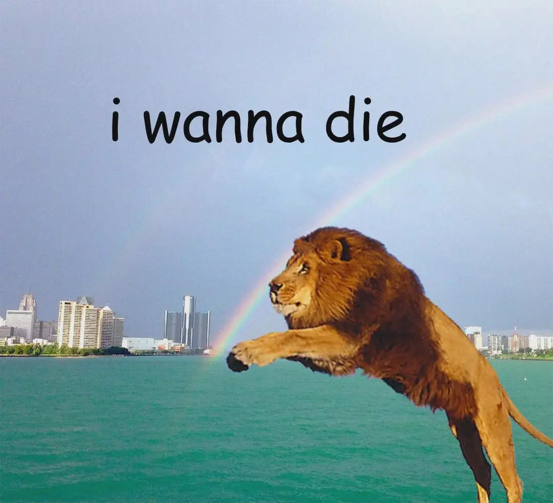 A digitally altered image shows a lion mid-leap over turquoise water, with a city skyline and a rainbow in the background…