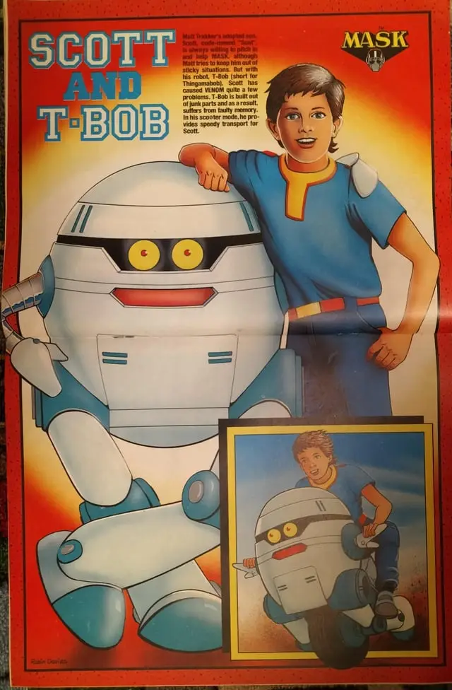 A vintage MASK comic book poster featuring a young boy named Scott standing next to his robot companion T-Bob, who has large…