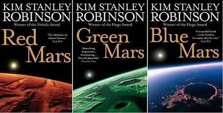 Three book covers side-by-side for Kim Stanley Robinson's Mars trilogy, showing Red Mars with a red planet, Green Mars with…