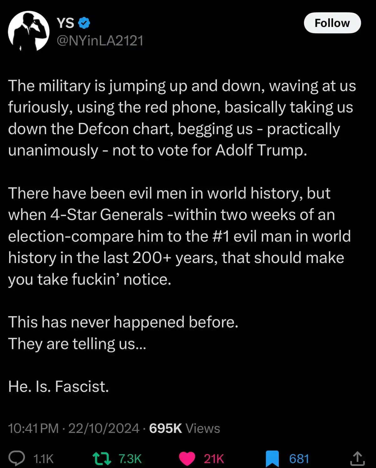 A screenshot of a Twitter post by user @NYinLA2121 with a black background and white text. The post describes a fictional…