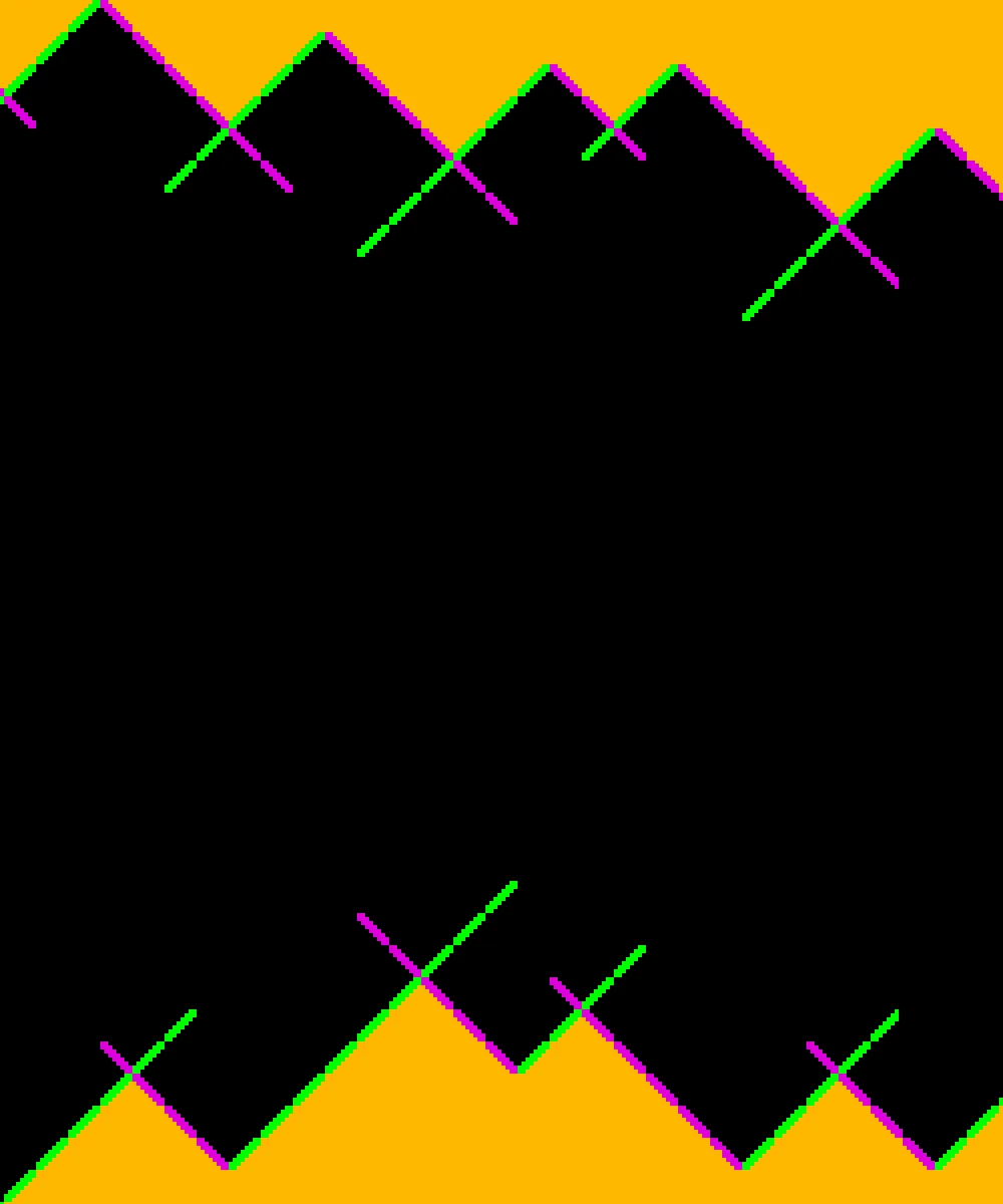 Three panels show a pixelated red and green spaceship in a retro video game style, starting small and growing larger as it…
