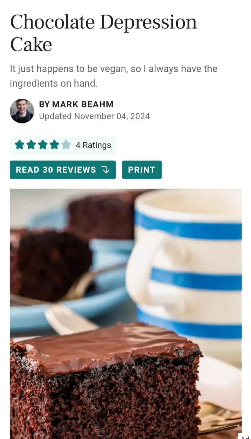 An image of a rich chocolate cake with chocolate frosting, presented as a recipe titled 'Chocolate Depression Cake' by Mark…