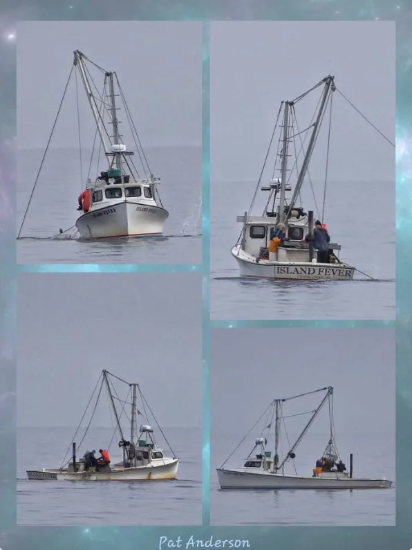 A four-panel collage shows a white fishing boat named 'ISLAND FEVER' in progressively more dilapidated states across four…