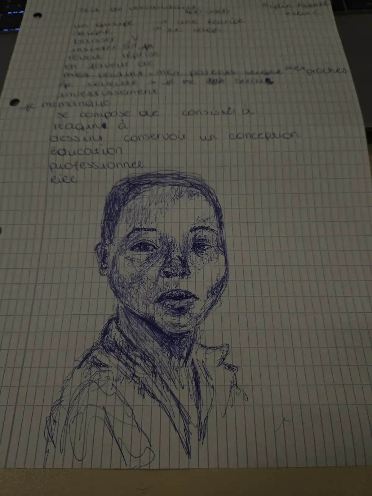 A hand-drawn portrait on grid paper, with French vocabulary notes above it, including phrases like 'je me manque' and 'se…