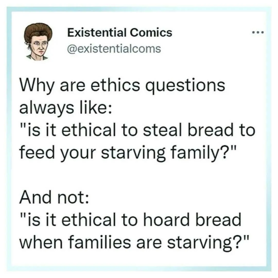 A screenshot of a tweet from 'Existential Comics' (@existentialcoms) with a cartoon avatar. The text critiques how ethics…