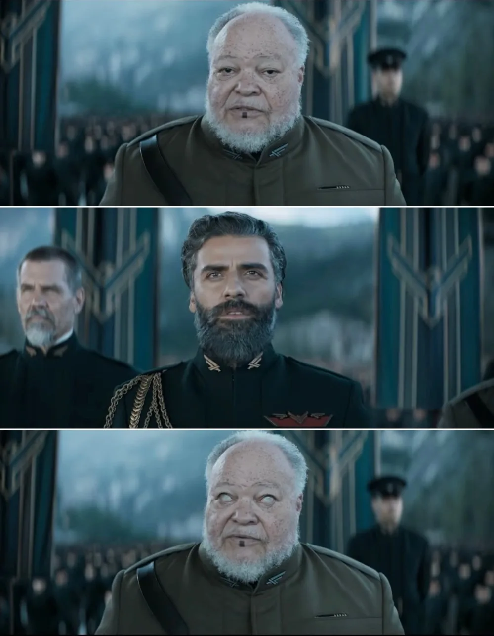 Three-panel meme showing a stern older man in uniform, then a bearded man in uniform looking up, then the older man looking…