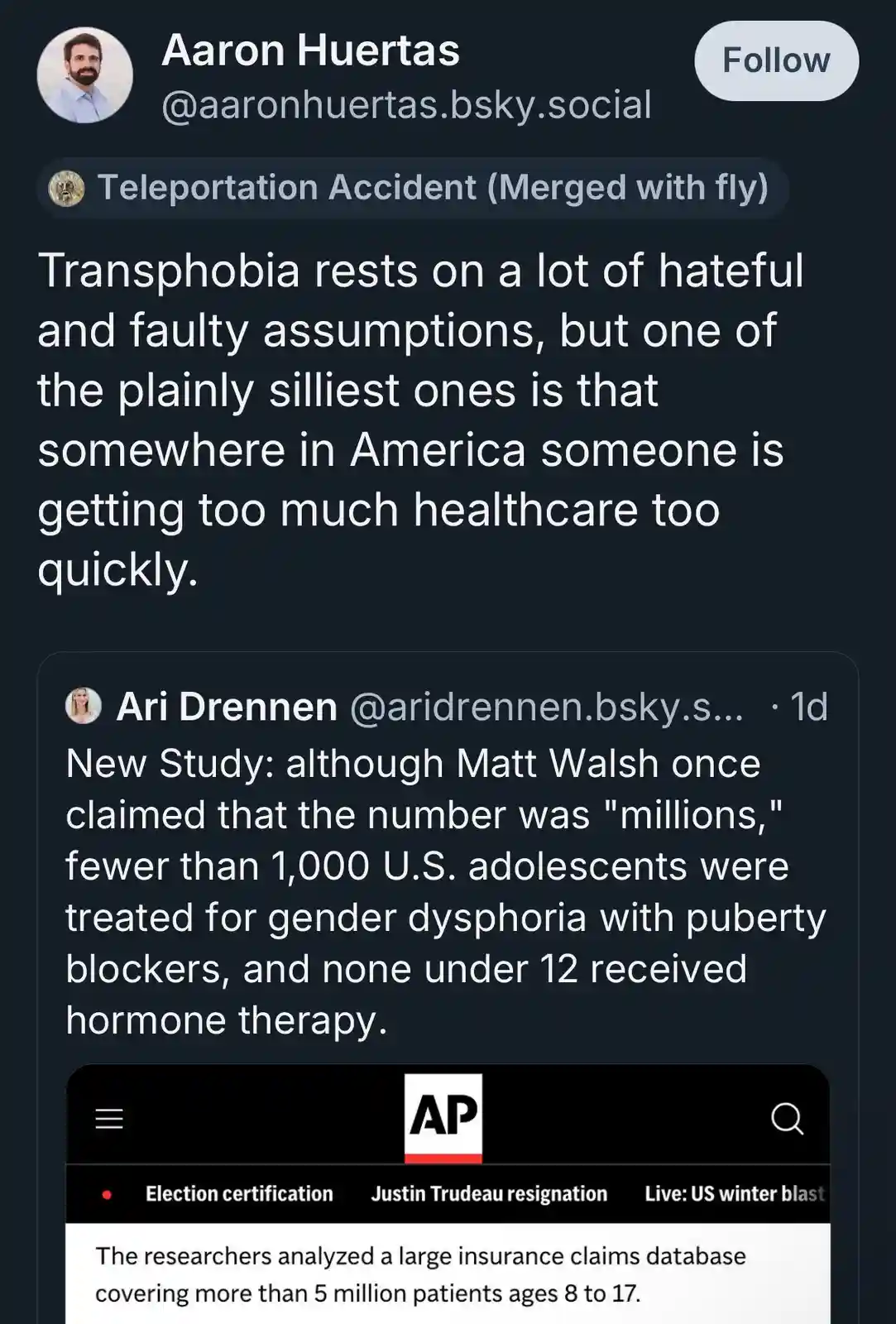 A screenshot of a social media thread shows a user named Aaron Huertas stating that transphobia's silliest assumption is…