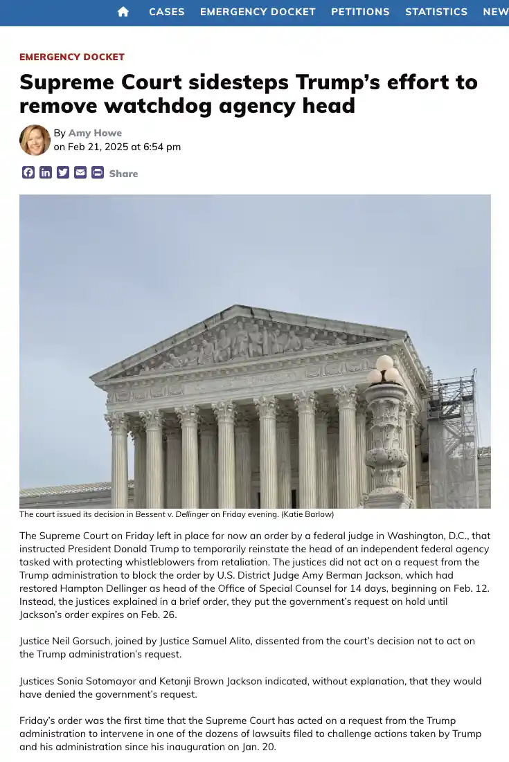 A screenshot of a news article from 'EMERGENCY DOCKET' with a headline reading 'Supreme Court sidesteps Trump's effort to…