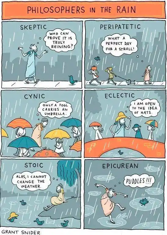 A six-panel comic strip titled 'PHILOSOPHERS IN THE RAIN' by Grant Snider, showing six different philosophical types…