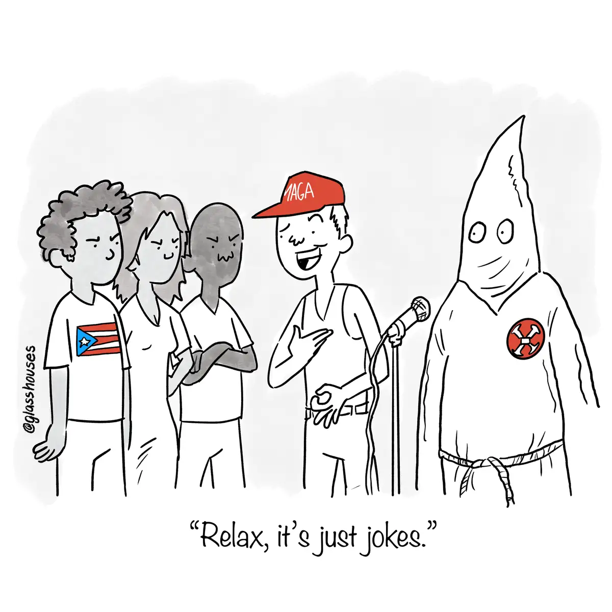 A cartoon depicts a man in a red 'MAGA' cap speaking into a microphone while standing next to a person in a Ku Klux Klan…