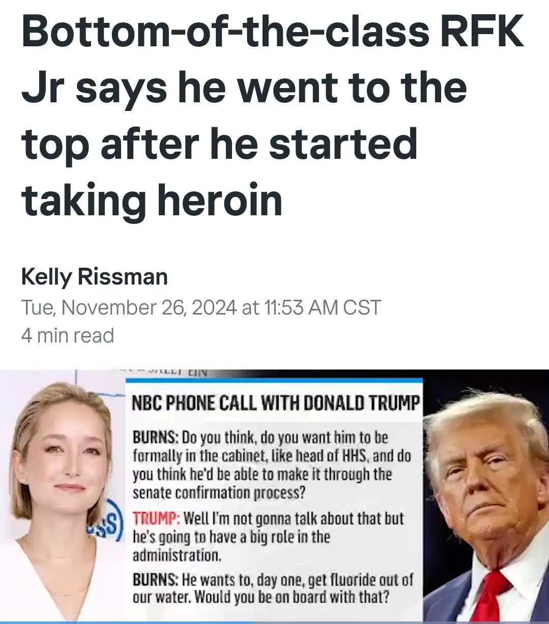 The image displays a screenshot of a news article by Kelly Rissman dated November 26, 2024, with a headline that reads…