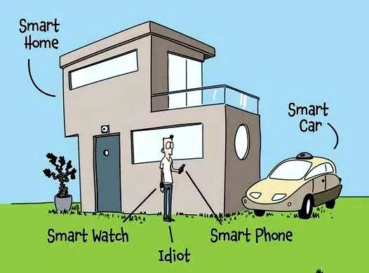 A cartoon depicts a man standing between a 'Smart Home' and a 'Smart Car', holding a 'Smart Phone' and wearing a 'Smart…
