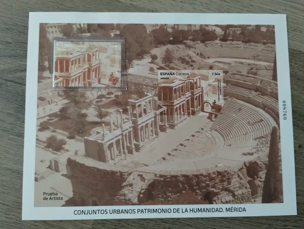 A Spanish postal stamp sheet featuring the ancient Roman theater in Mérida, with two identical 7.60€ stamps overlaid on the…