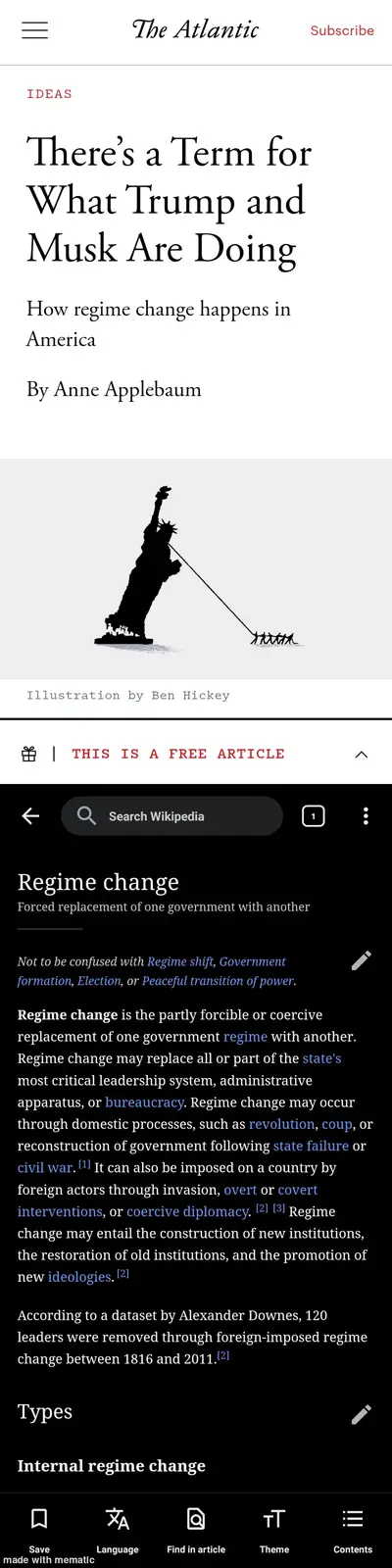 The image shows a screenshot of The Atlantic article titled 'There's a Term for What Trump and Musk Are Doing' by Anne…