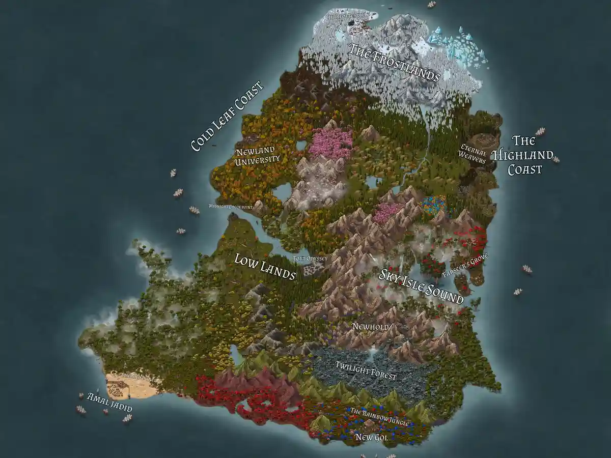 A fantasy-style map of a large island with various biomes and locations labeled, including 'The Frostlands', 'Newland…
