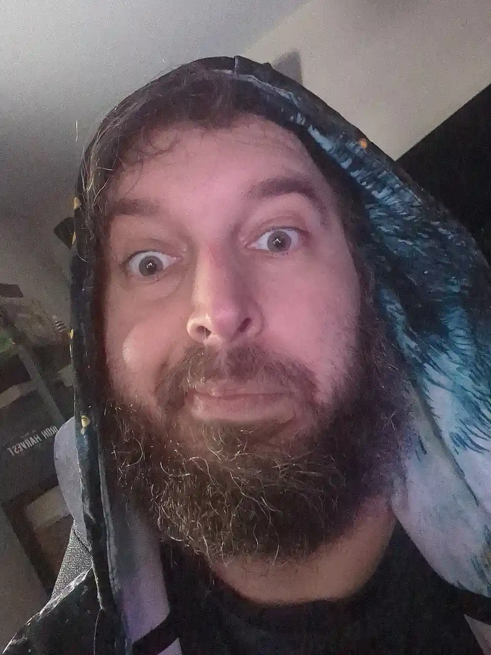 A man with a beard and a surprised expression wears a large, colorful hat with a blue and black feather-like pattern. The…