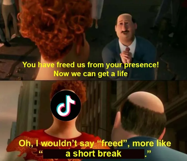 The meme uses two panels from the movie 'Incredibles'. In the top panel, a bald man in a suit says, 'You have freed us from…