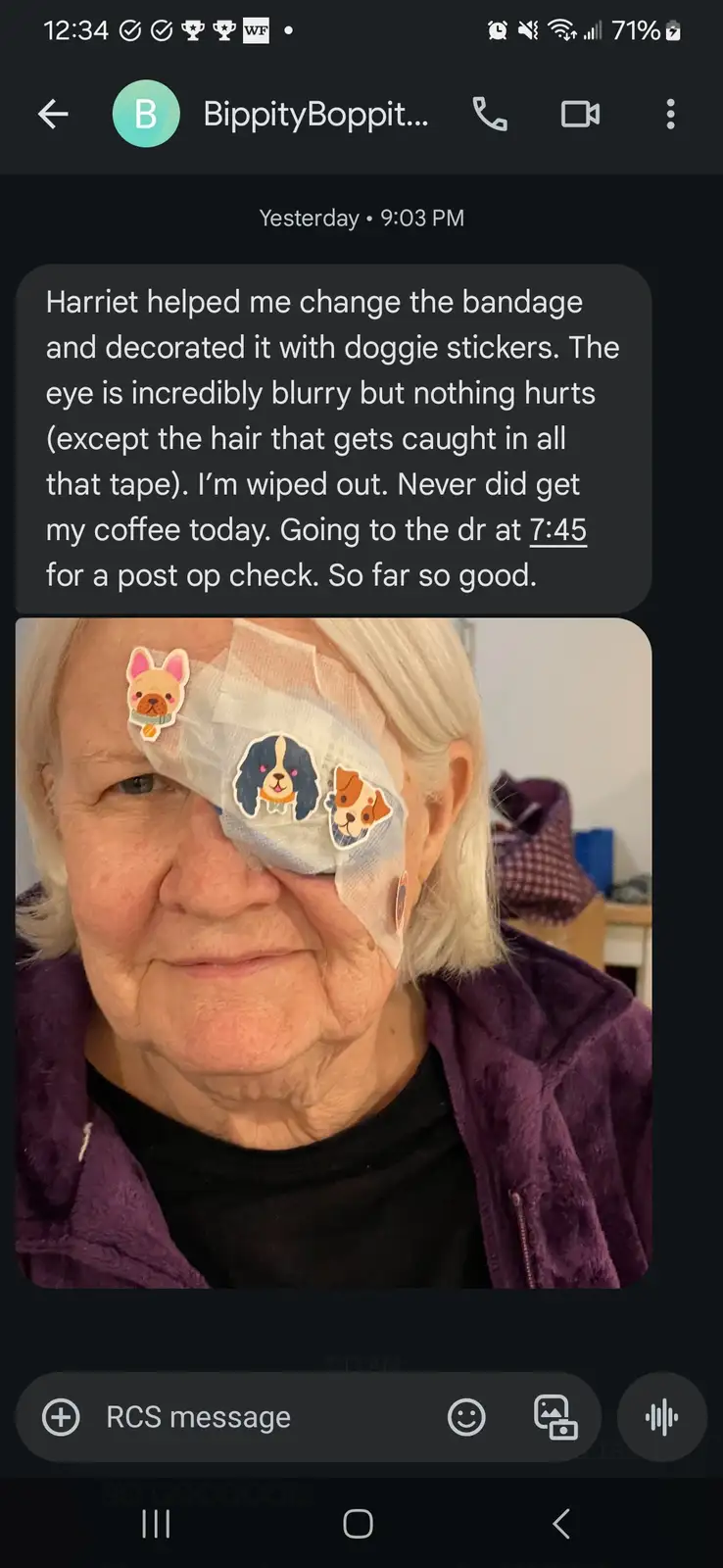A screenshot of a text message conversation shows a photo of an older woman with white hair wearing a decorative eye patch…