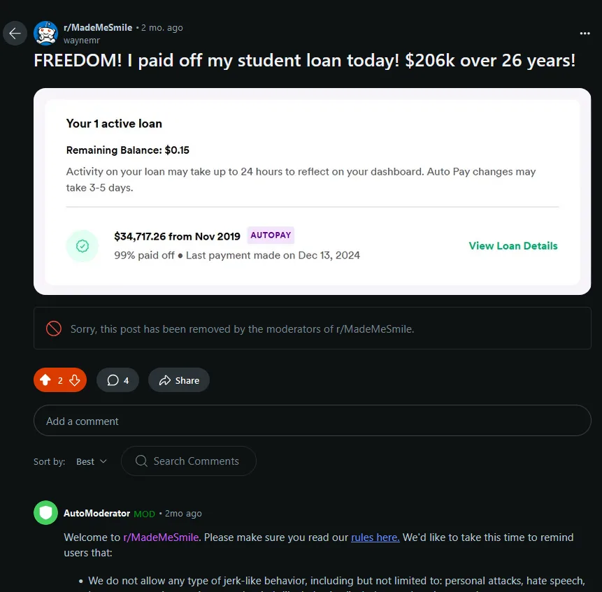 A Reddit post from r/MadeMeSmile shows a user celebrating paying off a $34,717.26 student loan with a remaining balance of…