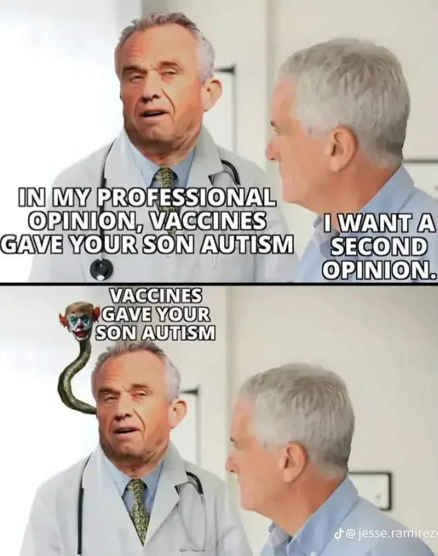 A two-panel image shows a doctor telling a patient that vaccines caused their son's autism, to which the patient replies…