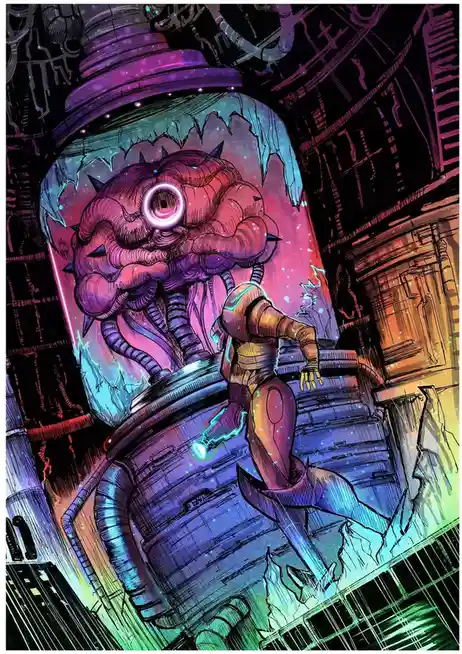 A stylized comic book illustration shows a humanoid figure in a futuristic suit running away from a large, grotesque…