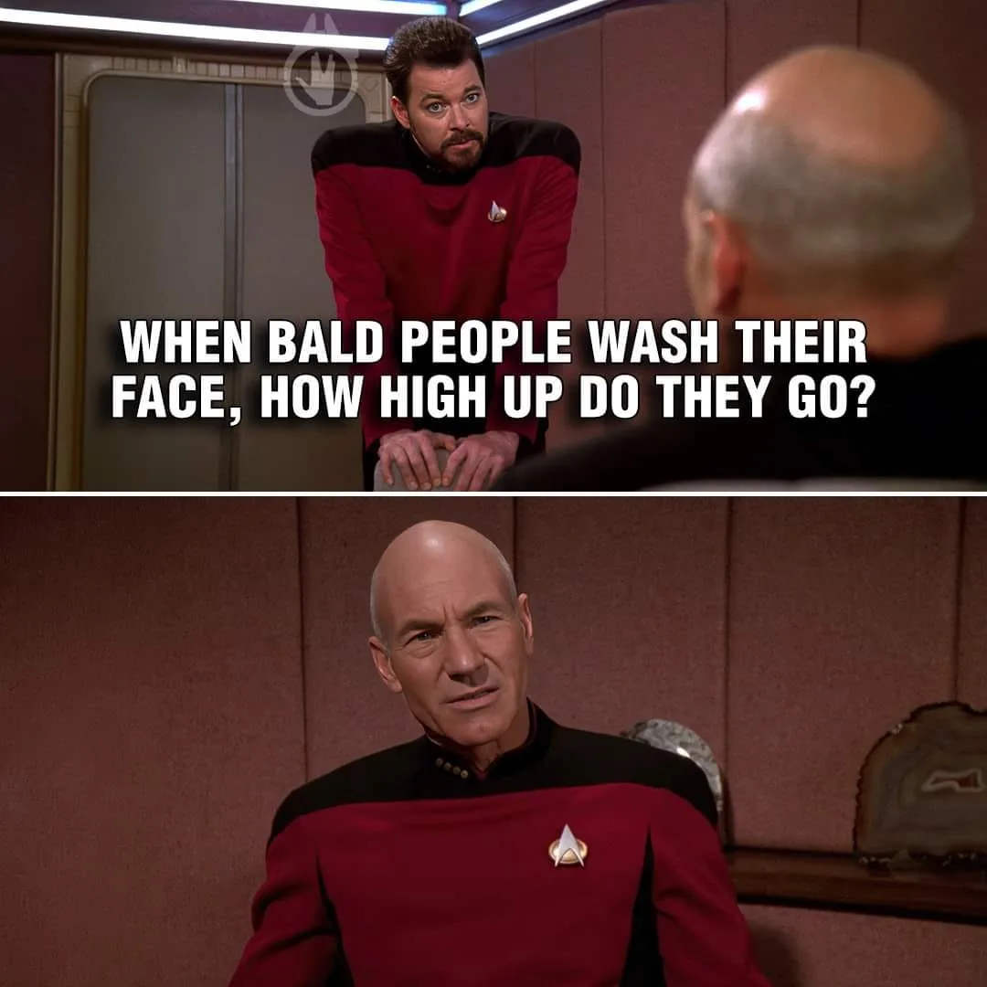 The image is a two-panel meme from Star Trek: The Next Generation. The top panel shows Wesley Crusher leaning forward with a…