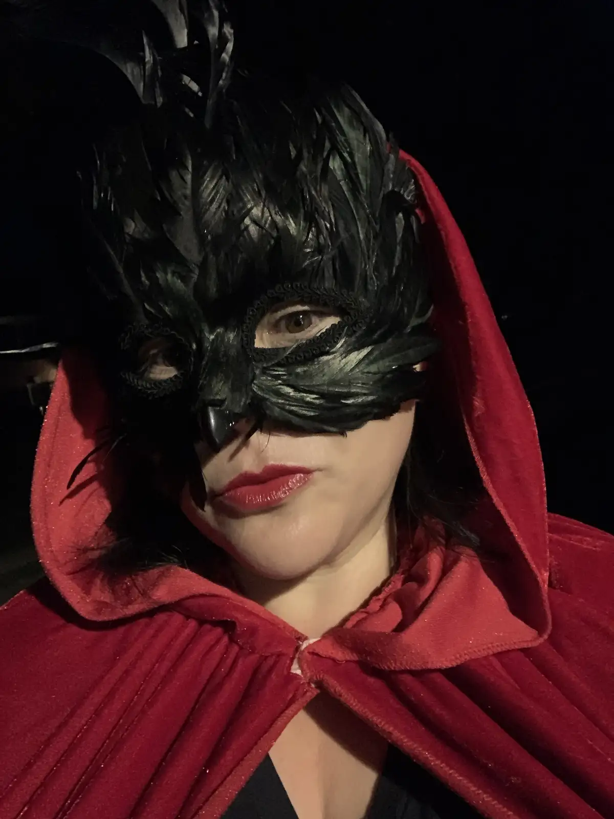 A person wearing a red hooded cape and a black feathered cat mask with a beak-like nose, looking directly at the camera with…