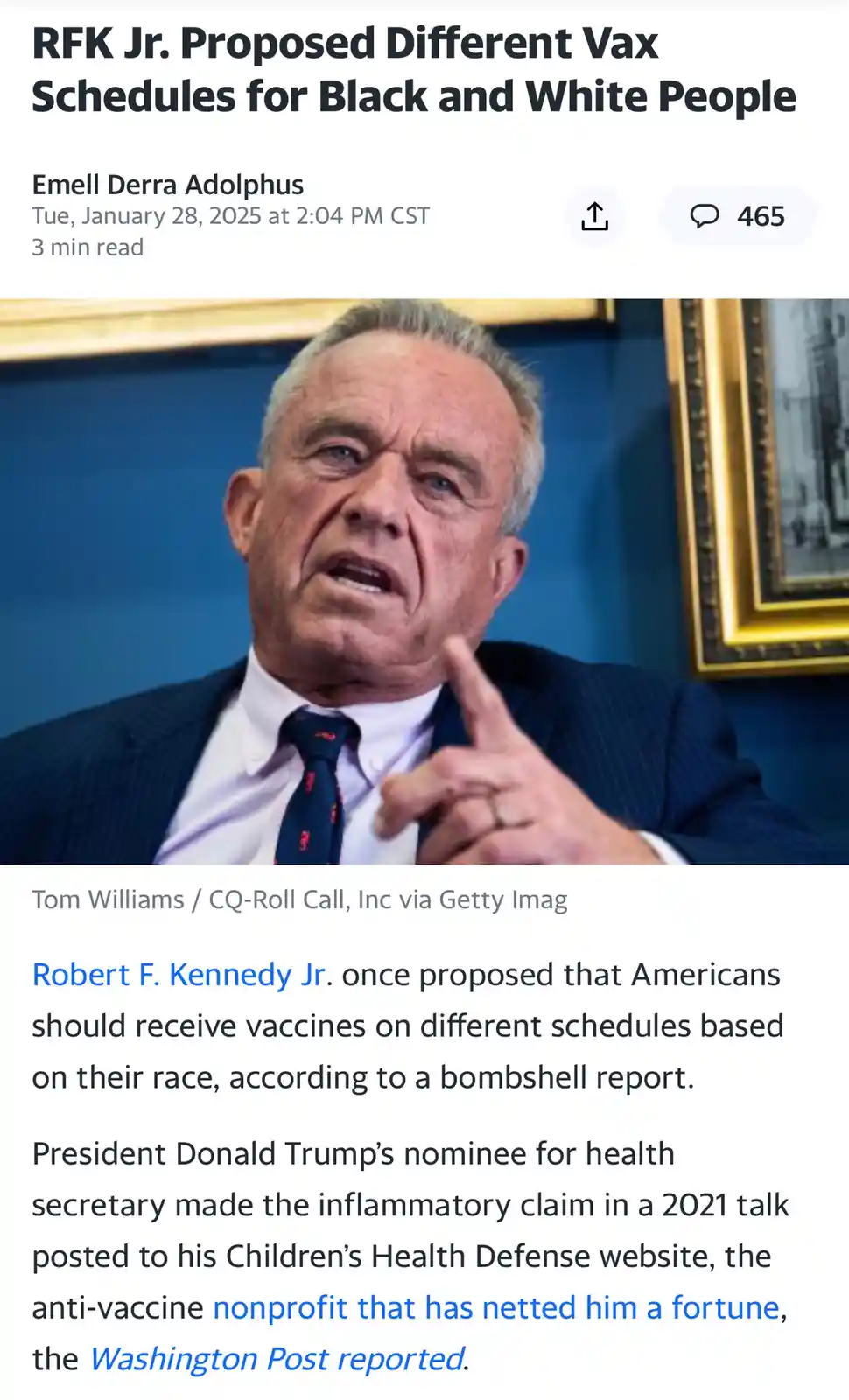 A screenshot of a news article with a photo of Robert F. Kennedy Jr. pointing his finger while speaking. The headline reads…