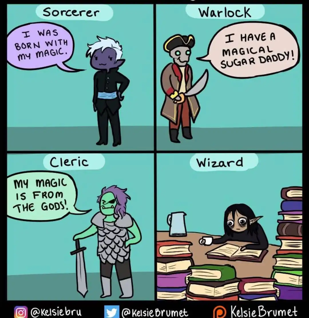 A four-panel comic shows four fantasy characters: a sorcerer claiming innate magic, a warlock boasting a magical sugar…