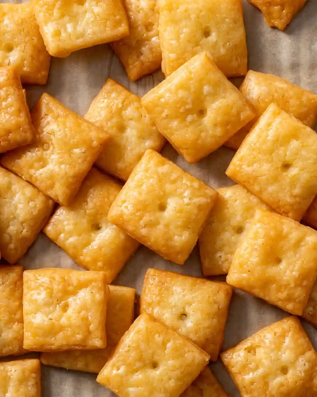 A close-up image shows numerous golden-brown, square-shaped, slightly puffed snacks scattered on parchment paper. Each snack…